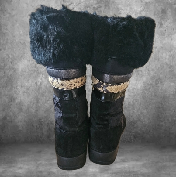 COACH "LORNA" BLACK JACQUARD LOGO LEATHER TRIM FUR CALF BOOTS SIZE:10M - Picture 3 of 7